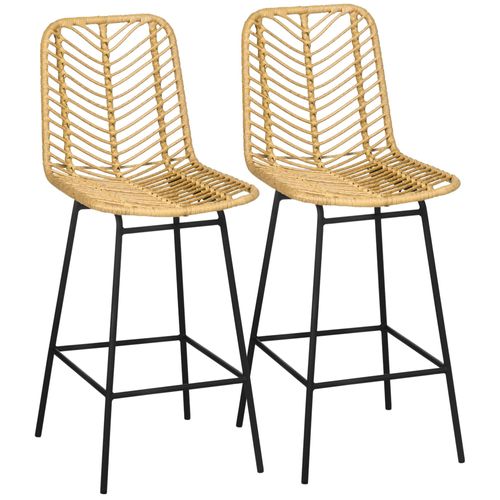 Lot De 2 Tabourets De Bar Style Colonial Piètement Acier Noir Résine Tressée Aspect Rotin