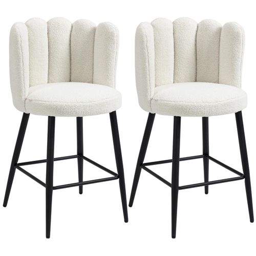 Lot De 2 Tabourets De Bar Design Contemporain - Repose-Pied - Acier Noir Revêtement Effet Laine Bouclée Blanc