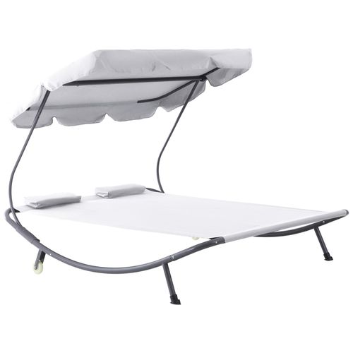 Bain De Soleil 2 Places Lit De Jardin Design Contemporain Toit Réglable 2 Roulettes 2 Oreillers Acier Époxy Polyester Crème