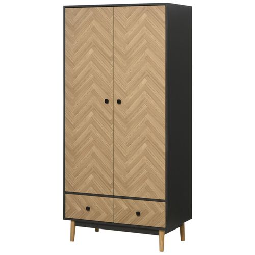 Armoire 2 Portes 2 Tiroirs Design - 2 Barres Penderie, 2 Niches - Façades Motif Chevrons- Gris Foncé Aspect Bois Clair