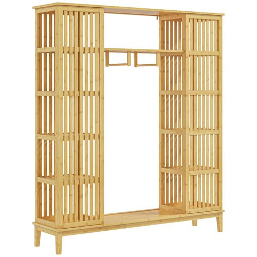 Armoire Penderie En Bambou 2 Portes Coulissantes 7 Étagères 2 Barres