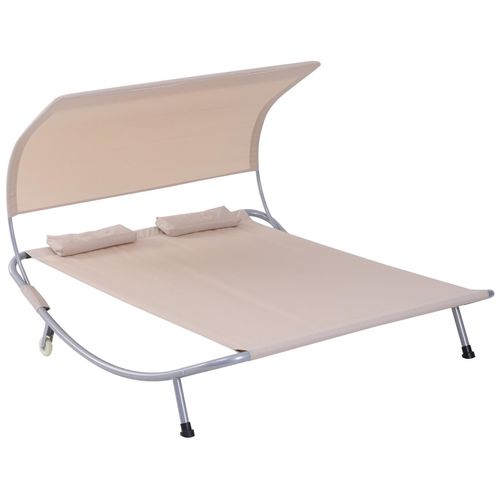 Bain De Soleil 2 Places Lit De Jardin Design Contemporain Toit Réglable 2 Roulettes 2 Oreillers Acier Époxy Polyester Sable