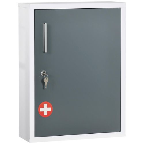 Armoire À Pharmacie 2 Étagères 3 Niv. Verrouillables Dim. 40l X 15l X 53h Cm 2 Clés Logo Croix Acier Blanc Gris