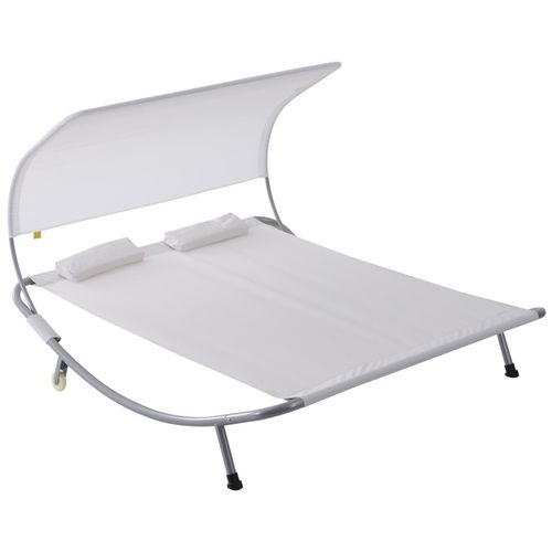 Bain De Soleil 2 Places Lit De Jardin Design Contemporain Toit Réglable 2 Roulettes 2 Oreillers Acier Époxy Polyester Crème