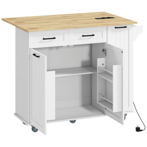 Desserte Îlot Central De Cuisine Multi-Rangement - Prises Secteur, Ports Usb - Blanc Effet Bois Clair