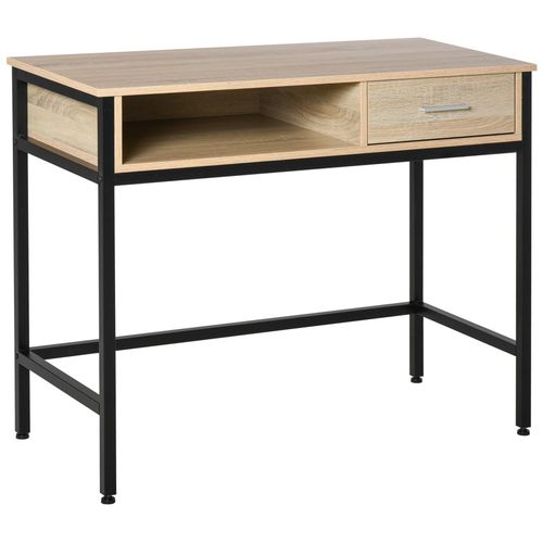 Bureau Style Industriel Casier + Tiroir Coulissant Châssis Métal Noir Plateau Panneaux Particules Chêne C