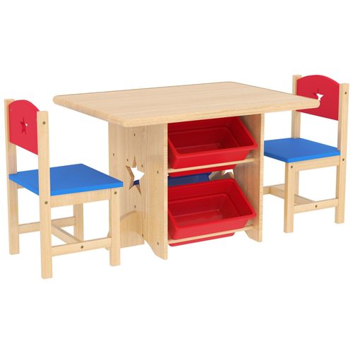 Ensemble Table Et Chaises Enfant - 4 Bacs De Rangement Inclus - Mdf Bois Pin Clair Rouge Bleu
