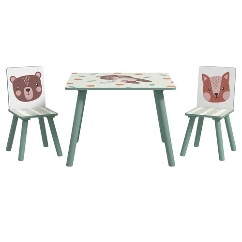 Ensemble Table Et Chaises Enfant Design Animaux De La Forêt - Table Carrée + 2 Chaises - Bois Pin Mdf Vert