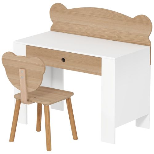 Ensemble Bureau Et Chaise Enfant Design Ourson - Grand Tiroir - Blanc Effet Bois Naturel