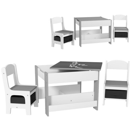 Ensemble Table Et Chaises Enfant - 3 Pcs - Plateau Table Réversible Tableau Noir - Rangements - Étagère - Blanc Gris