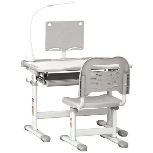 Homcom Bureau Enfant Avec Chaise - Ensemble Bureau Et Chaise Réglable - Lampe, Support De Lecture, Tablette Coulissante Multi-Rangement - Gris Blanc