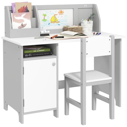 Ensemble Table Et Chaise Pour Enfant Gris Avec Tableau Blanc - Bureau Pour Enfant +5 Ans - 90l X 45l X 85h Cm