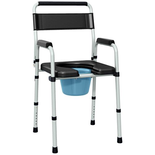 Chaise Percée Toilette Pliable Hauteur Réglable - Seau Amovible - Siège, Accoudoirs Rembourrés - Max. 150 Kg - Acier Gris Noir 