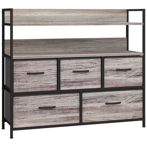 Commode Style Industriel - 5 Tiroirs, 2 Étagères - Acier Noir Mdf Non Tissé Effet Bois Gris
