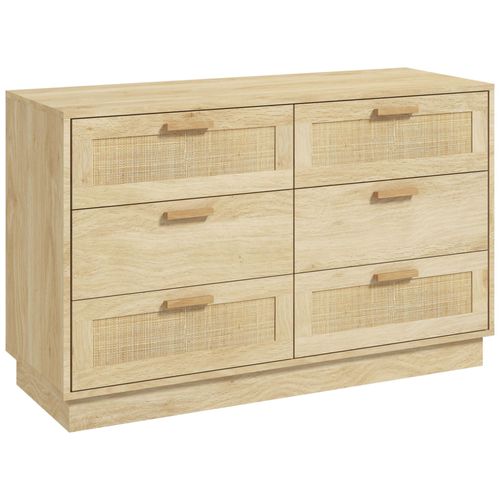 Commode 6 Tiroirs Style Bohème Chic Rotin Effet Bois Clair Naturel Dim. 110 X 40 X 69 Cm
