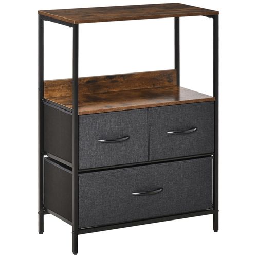 Meuble De Rangement Commode 3 Tiroirs Étagère Plateau Acier Noir Mdf Effet Bois Vieilli Non Tissé Gris