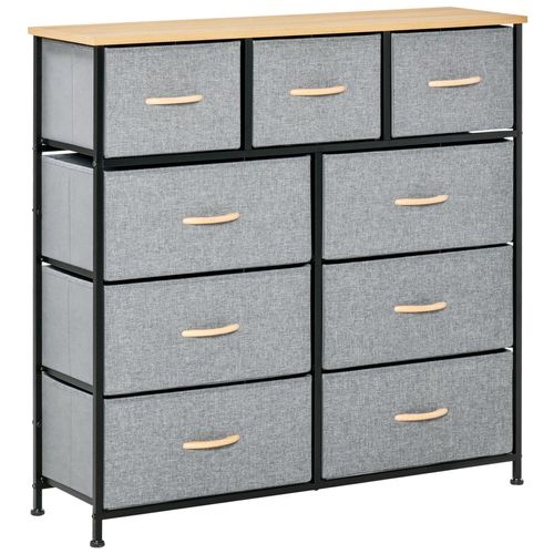 Meuble De Rangement Commode 9 Tiroirs Plateau Acier Mdf Non Tissé Effet Bois Clair Noir Gris