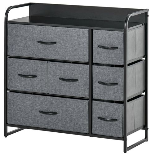 Commode Rangement 7 Tiroirs Plateau Acier Mdf Noir Non Tissé Gris