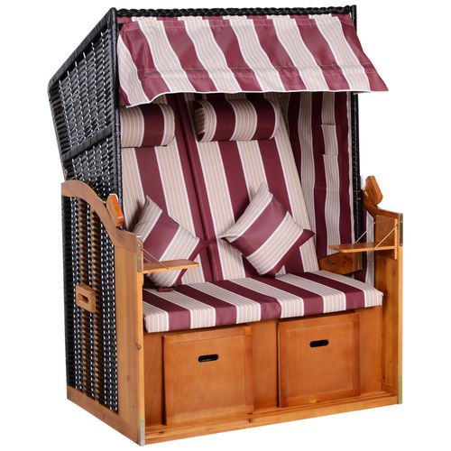 Outsunny Corbeille De Plage 2 Places Pliable - Cabine Chaise De Plage Inclinable - Abri Plage Strandkorb - Coussins, Repose-Pieds, Tablettes, Pare-Soleil - Bois Résine Tressée Polyester Beige Bordeaux