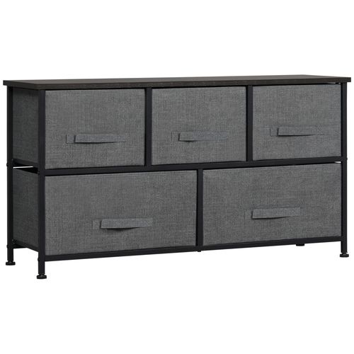 Commode 5 Tiroirs Non-Tissés Anthracite Métal Noir Plateau Aspect Bois