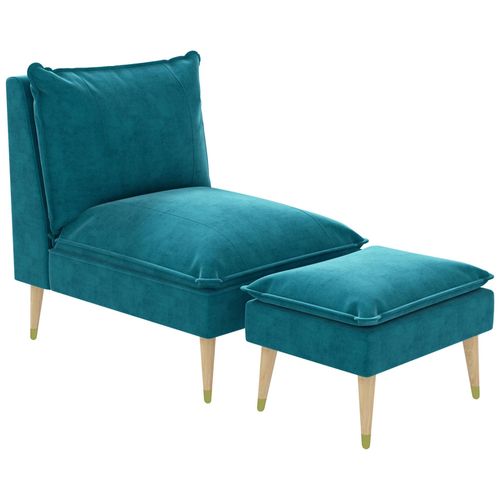 Fauteuil Design Scandinave Grand Confort - Repose-Pied Inclus - Piètement Effilé Incliné Bois Hévéa Velours Turquoise