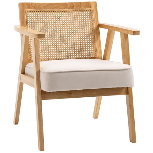 Fauteuil Lounge Avec Coussin - Dossier En Cannage - Assise Profonde - Accoudoirs - Structure Bois Hévéa - Aspect Lin Beige