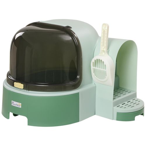 Maison De Toilette Litière Pour Chat Design Capsule Spatiale - Porte, Capot Ouvrant, Pelle, 2 Tiroirs Amovibles - Vert Noir