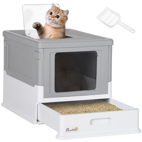 Maison De Toilette Pliable Pour Chat - Tiroir À Litière Coulissant, Porte Battante Et Trappe Transparente, Pelle - Blanc Gris