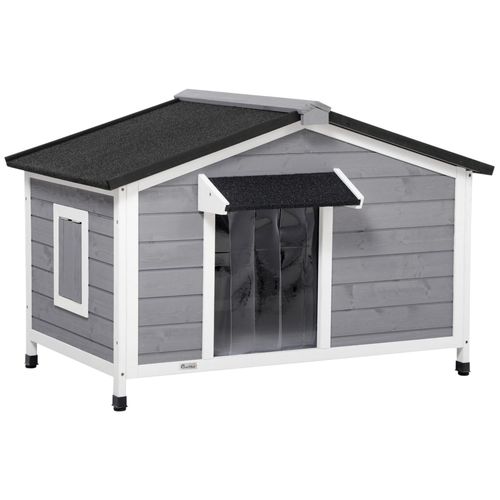 Niche Chien Style Cottage - 2 Fenêtres, Porte, Toit Ouvrant Bitumé - Bois Sapin Gris
