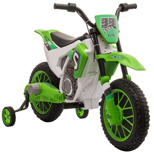 Moto cross électrique pour enfant 3 à 5 ans 12 V 3-8 Km/h avec roulettes latérales amovibles dim. 106,5L x 51,5l x 68H cm vert