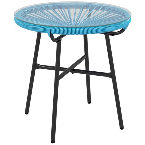 Table Basse Ronde De Jardin En Résine Aspect Rotin Métal Et Plateau Verre Trempé Ø 50 X 50h Cm Bleu