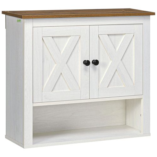 Armoire Murale Salle De Bain Style Rustique Chic - 2 Portes, Étagère, Niche - Effet Bois Noyer Écru