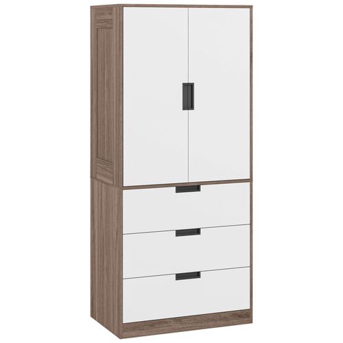 Armoire De Chambre 2 Portes - Penderie, 3 Tiroirs - 5 Poignées Modernes Alliage Alu - Blanc Effet Bois