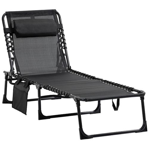 Bain De Soleil Transat Pliable Avec Poignée - Dossier Inclinable Multi-Positions, Pochette, Tétière - Acier Époxy Lacets Élastiques Textilène Noir