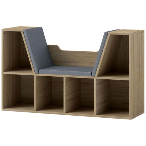 Bibliothèque Banc 2 En 1 - 6 Casiers Aspect Bois Clair Coussins Inclus