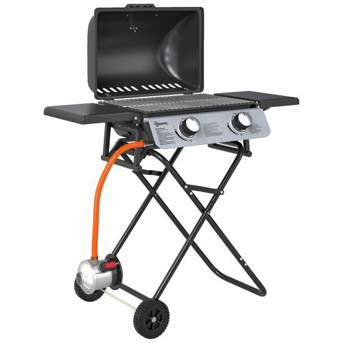 Barbecue gaz pliable portable avec couvercle roues 2 brûleurs 5,6kW thermomètre régulateur tuyau inclus