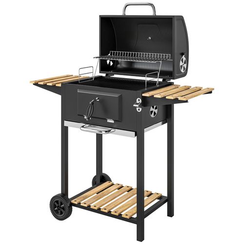 Barbecue charbon de bois avec couvercle 2 roues - hauteur grille réglable, thermomètre, 3 étagères - acier noir bois