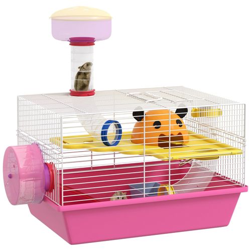 Cage À Hamster Rat Rongeur - Plateforme, Biberon Eau, Roue, Maisonnette, Tubes - Acier Blanc Pp Rose