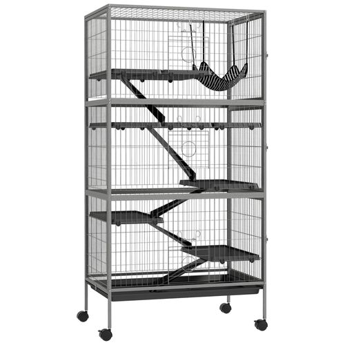 Cage Rongeurs 4 Plateformes 3 Rampes 4 Portes Dim. 80l X 52l X 159h Cm Acier Gris Moucheté Noir
