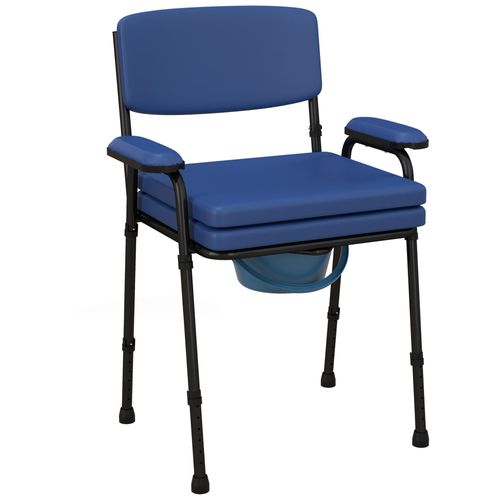 Chaise Percée Réglable - Chaise De Toilette - Seau Amovible Pliable, Coussin, Accoudoirs - Acier Noir Pvc Bleu 