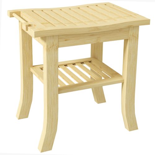 Tabouret De Douche - Étagère, Porte-Serviettes - Dim. 42l X 29l X 43h Cm - Bambou Verni 