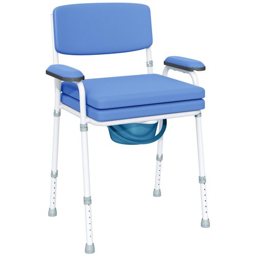 Chaise Percée Réglable - Chaise De Toilette - Seau Amovible Pliable, Coussin, Accoudoirs - Acier Blanc Pvc Bleu 