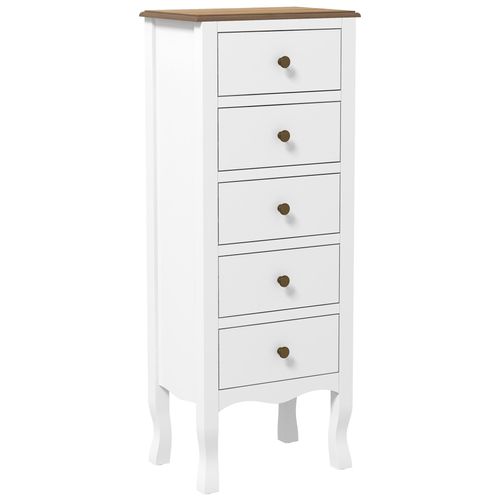 Meuble De Rangement Chiffonnier Style Néo-Rétro 5 Tiroirs Poignées Boutons Bois Mdf Blanc