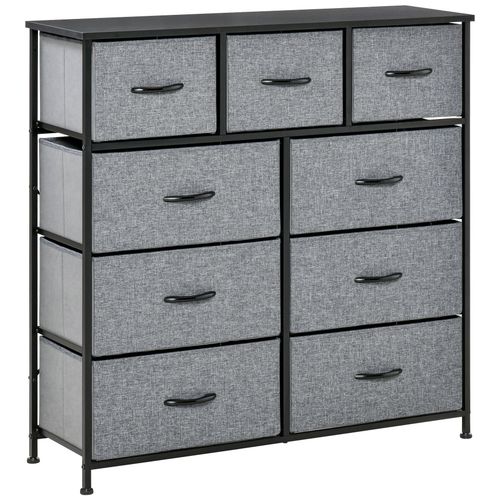Meuble De Rangement Commode 9 Tiroirs Plateau Acier Mdf Non Tissé Noir Gris