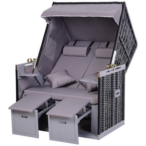 Outsunny Corbeille De Plage 2 Places Pliable - Cabine De Plage Inclinable - Abri Plage Strandkorb - Coussins, Repose-Pieds, Tablettes, Pare-Soleil - Bois Résine Tressée Polyester Gris