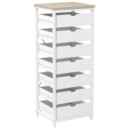 Meuble De Rangement Chiffonnier Moderne 7 Tiroirs Poignées Invisibles Acier Panneaux Blanc Chêne Clair