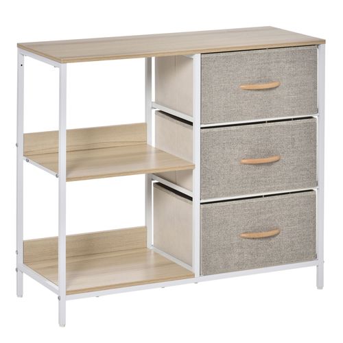 Commode Design - 3 Tiroirs, 2 Étagères - Métal Mdf Non Tissé Beige