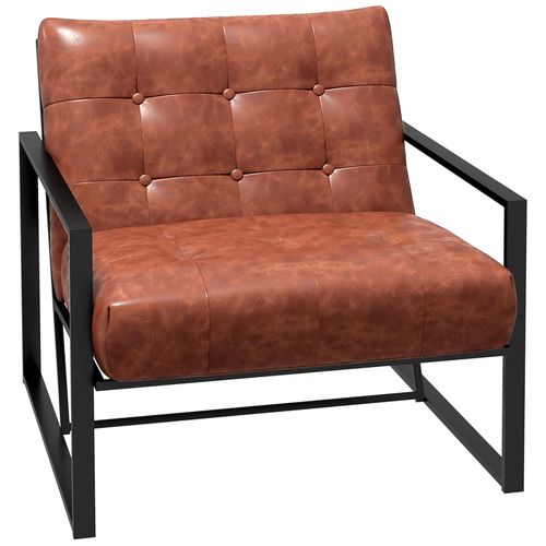 Fauteuil Lounge Style Chesterfield Effet Capitonné Métal Noir Revêtement Synthétique Marron Fauve