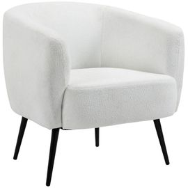 Fauteuil Lounge Design - Piètement Effilé Incliné Métal Noir - Revêtement Effet Laine Bouclée Blanc Cassé