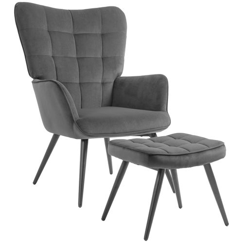 Fauteuil Lounge Scandinave Repose-Pied Métal Noir Aspect Velours Gris